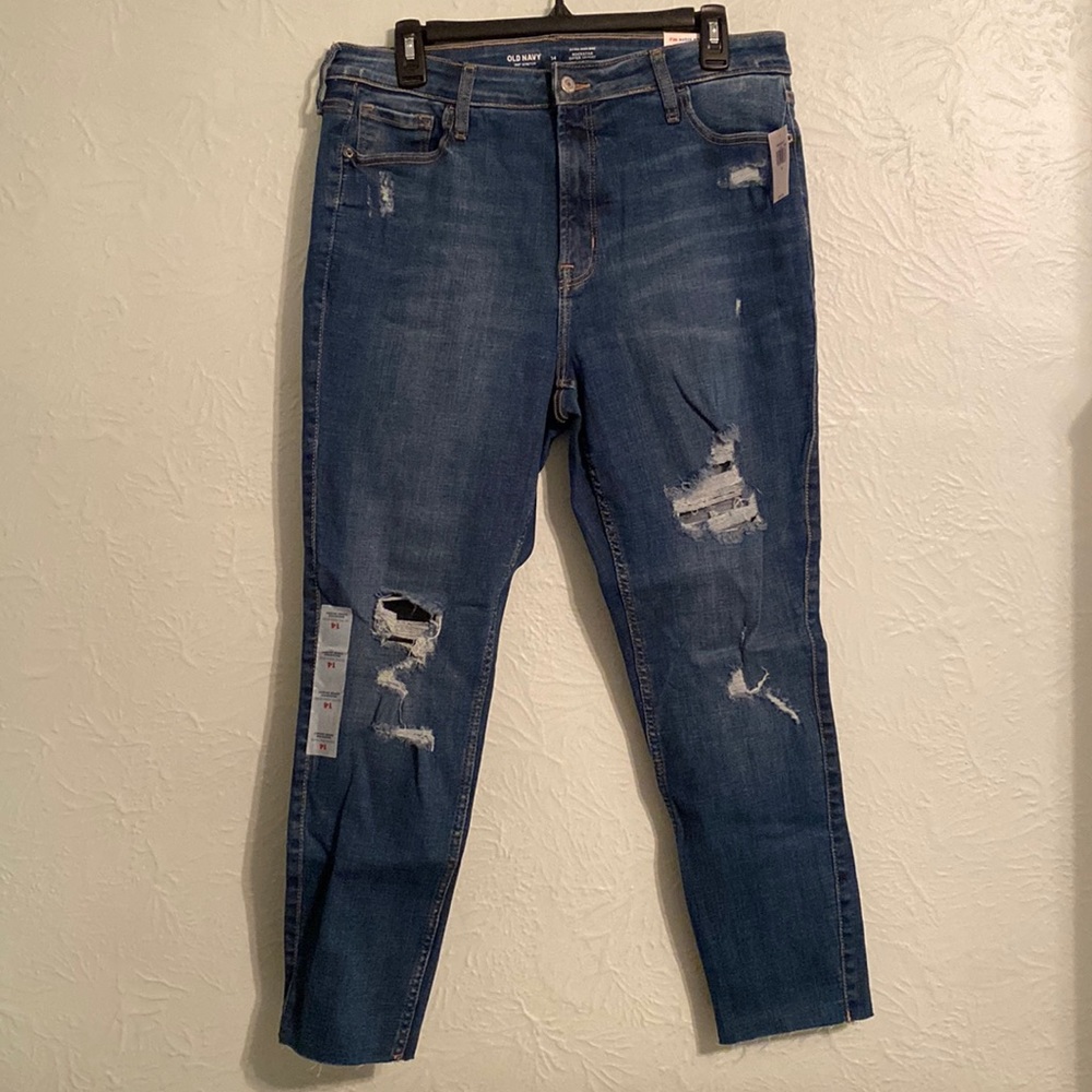 Old Navy Rockstar Super Skinny Extra High Rise Medium Wash Distressed Jeans